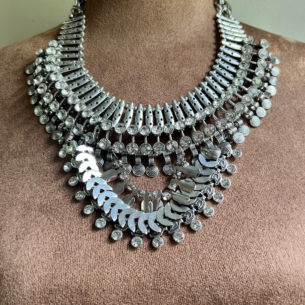 Sophia & Kate Silver Tone Rhinestone Bib Statement Necklace Adjustable Glamcore